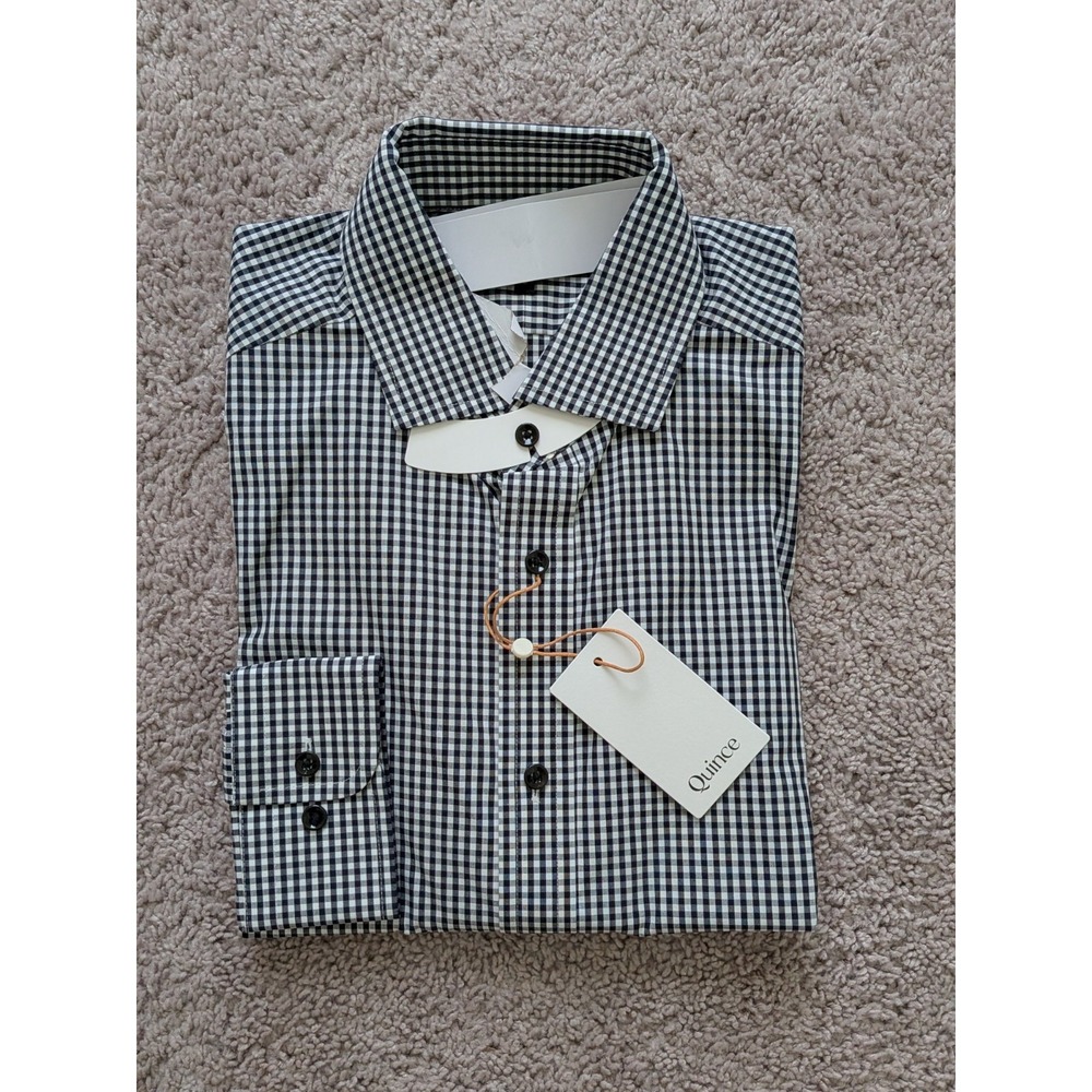 Quince Organic Cotton Stretch Poplin Dress Shirt Navy Gingham Large NWT Preppy